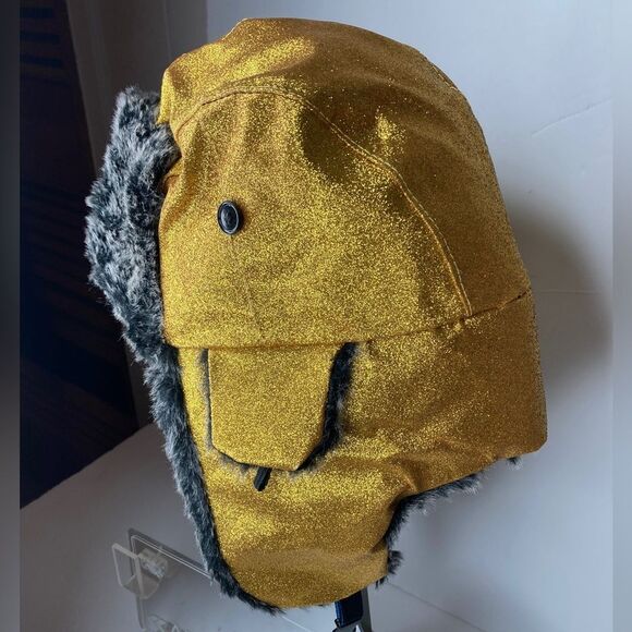 Glitter Faux Fur Trapper Hat Gold - Picture 3 of 7